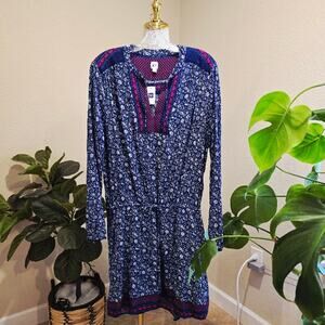 GAP Blue Floral Boho Dress L Tall Long Sleeve Tie Waist Pockets NWT